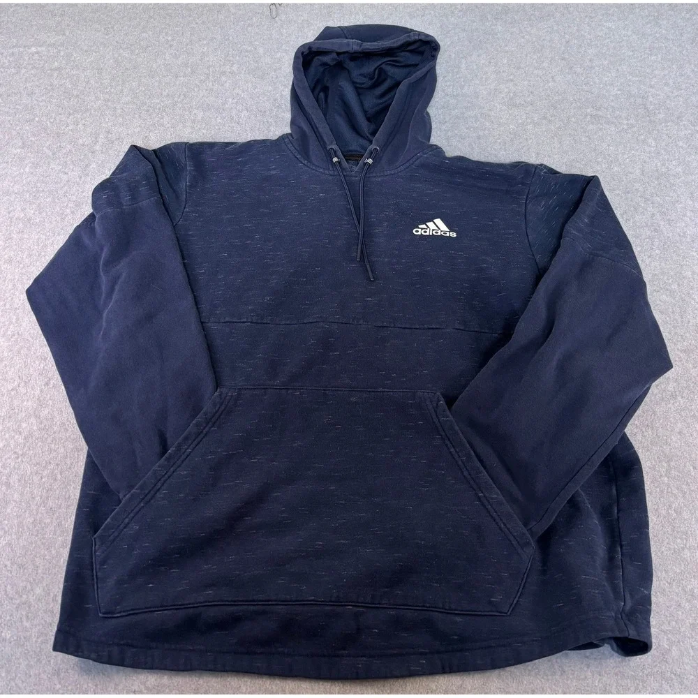 Adidas Mens Navy Blue Heathered Space Dye Pullover Hoodie Stripe Cuff Sweatshirt